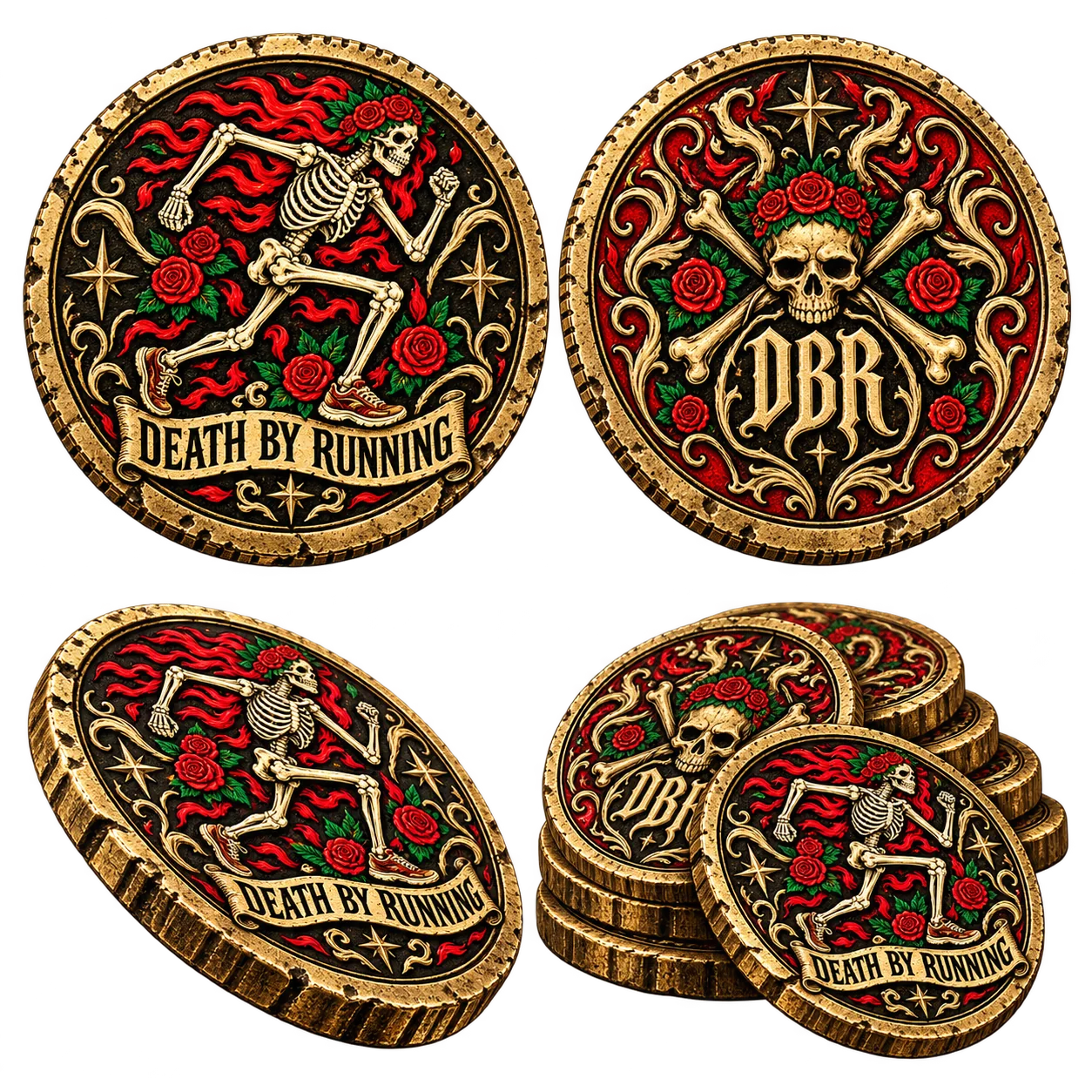 A stack of Death By Running doubloons