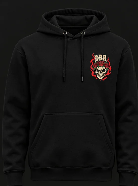 Black hoodie, front, with the DBR skull mark on the chest
